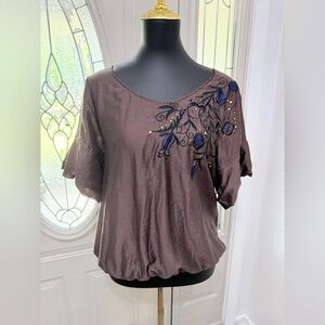 BCBGeneration Embroidered Blouse Brown Boho Floral Top Size L